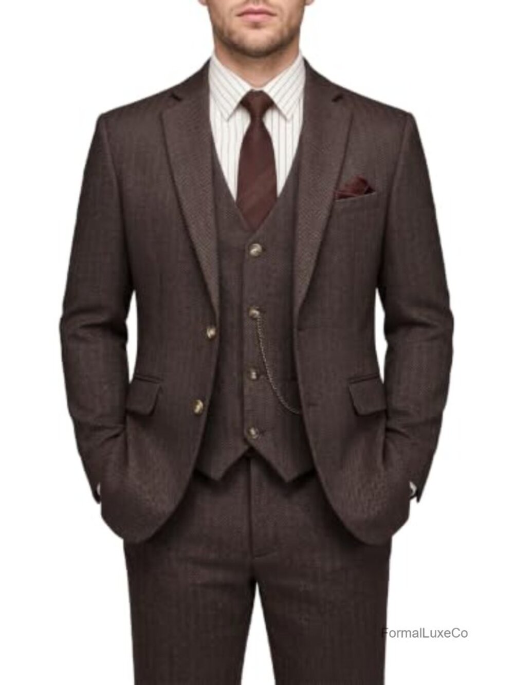 Mens Herringbone Tweed 3 Piece Suit Wool Blend Slim Fit Tuxedo Set